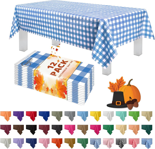 Grandipity 12 Pack Premium Disposable Plastic Picnic Tablecloth 54 Inch. x 108 Inch. Decorative Rectangle Table Cover - Blue Checkered Gingham
