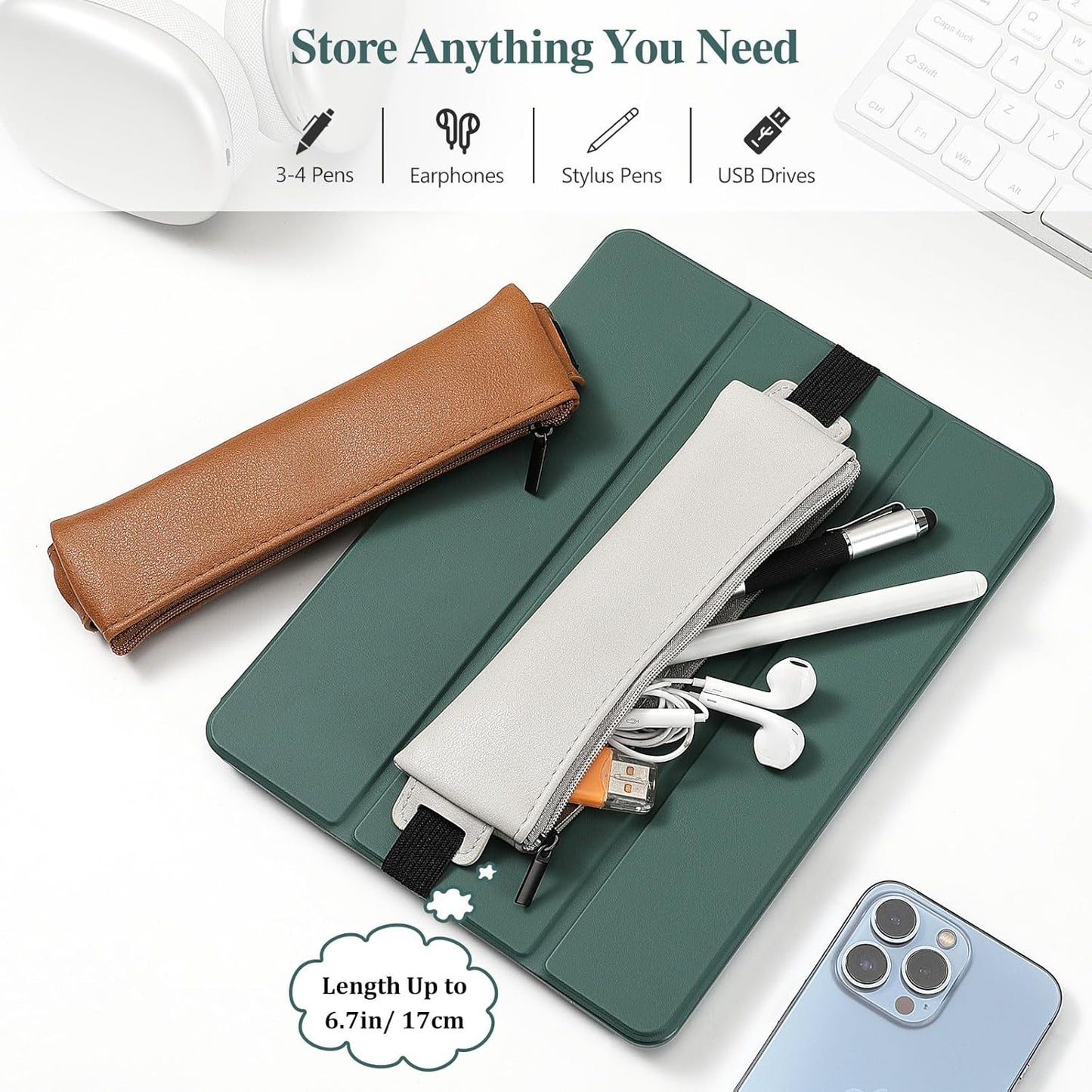 MoKo Elastic Pen Holder for Notebook, 4 Pieces PU Leather Pencil Case with Adjustable Band, Stationery School Supplies Zipper Bag for Planners, Journals, Book