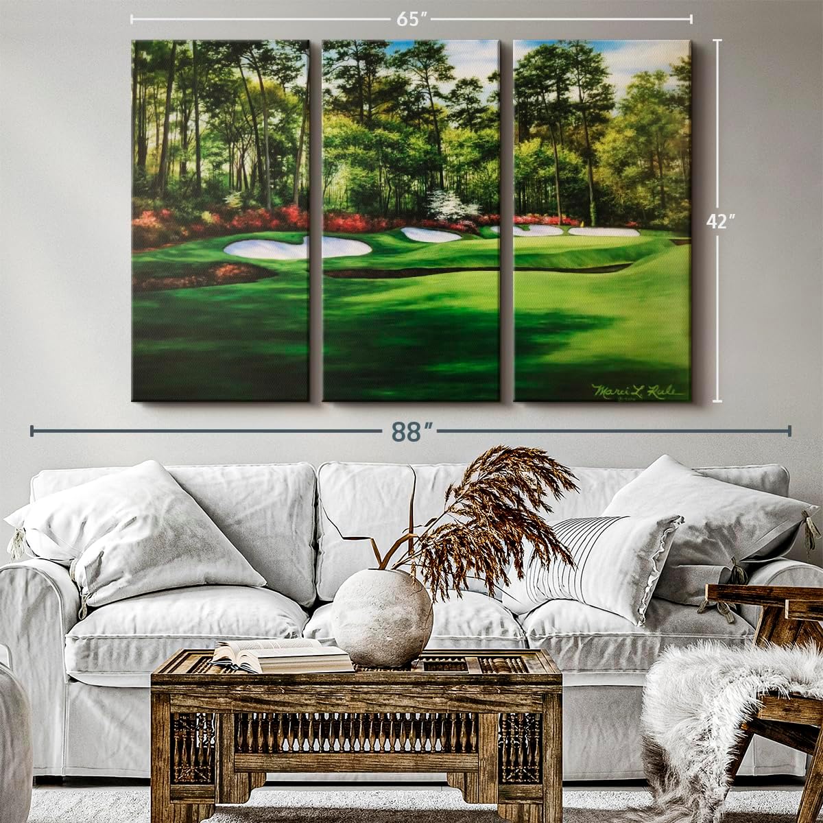 ElephantStock Augusta National 13th Hole I Wall Art - Horizontal Canvas - 3-Piece Living Room Wall Decor - Painting Sports Canvas Print - Green and Red Decor for Wall by Marci Rule - 65" X 42"
