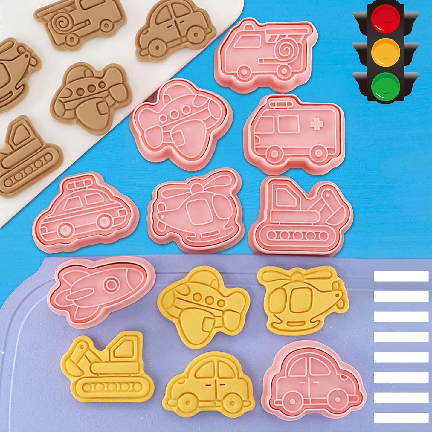 Transportation Vehicle Cookie Cutters With Plunger Stamper,8 Piece Transportation Theme Embossing Cutter For Fondant Biscuit Pastry Cheese Baking
