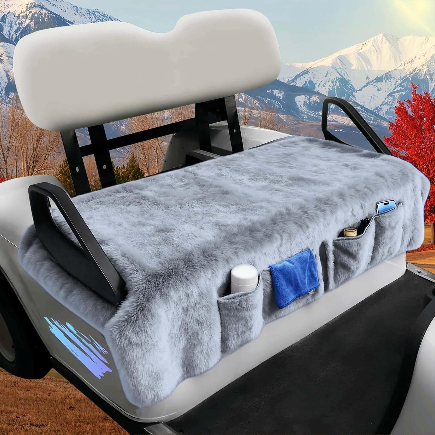 Golf Cart Seat Covers - Soft Faux Fur Seat Blanket, with 4 Pockets, Non-Slip, Thick & Warm, Fit EZGO, Club Car, Yamaha, Epic and Other 2-Seat Golf Cart, All-Season, 51"x 33", Light Gray