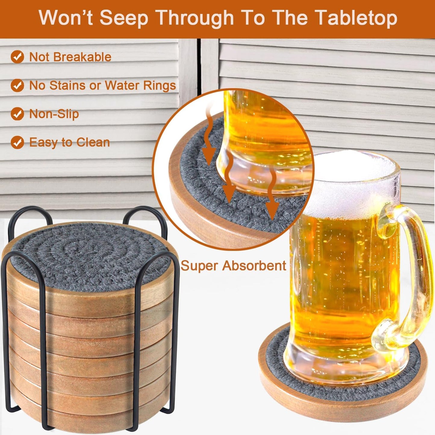 Coasters for Drinks Absorbent Sets of 8, Woven Coasters with Holder, Wood Coasters for Coffee Table, Housewarming Gift for Farmhouse Home Decor, 4 inches Gray