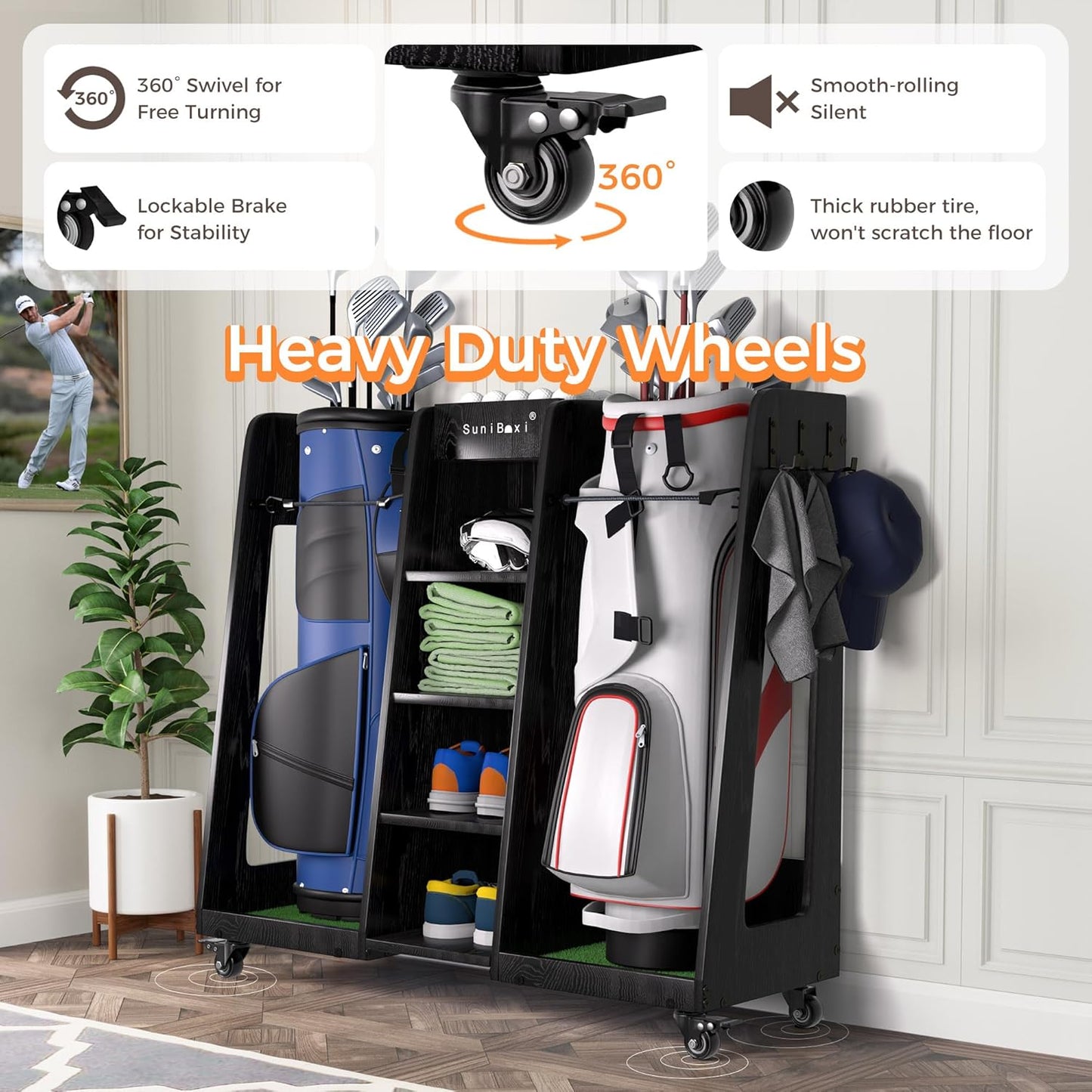 Wooden Golf Storage Organizer for Garage, Premium Golf Bag Holder Rack for Golfing Accessories, Great Gift for Golfers,Husband, Dad