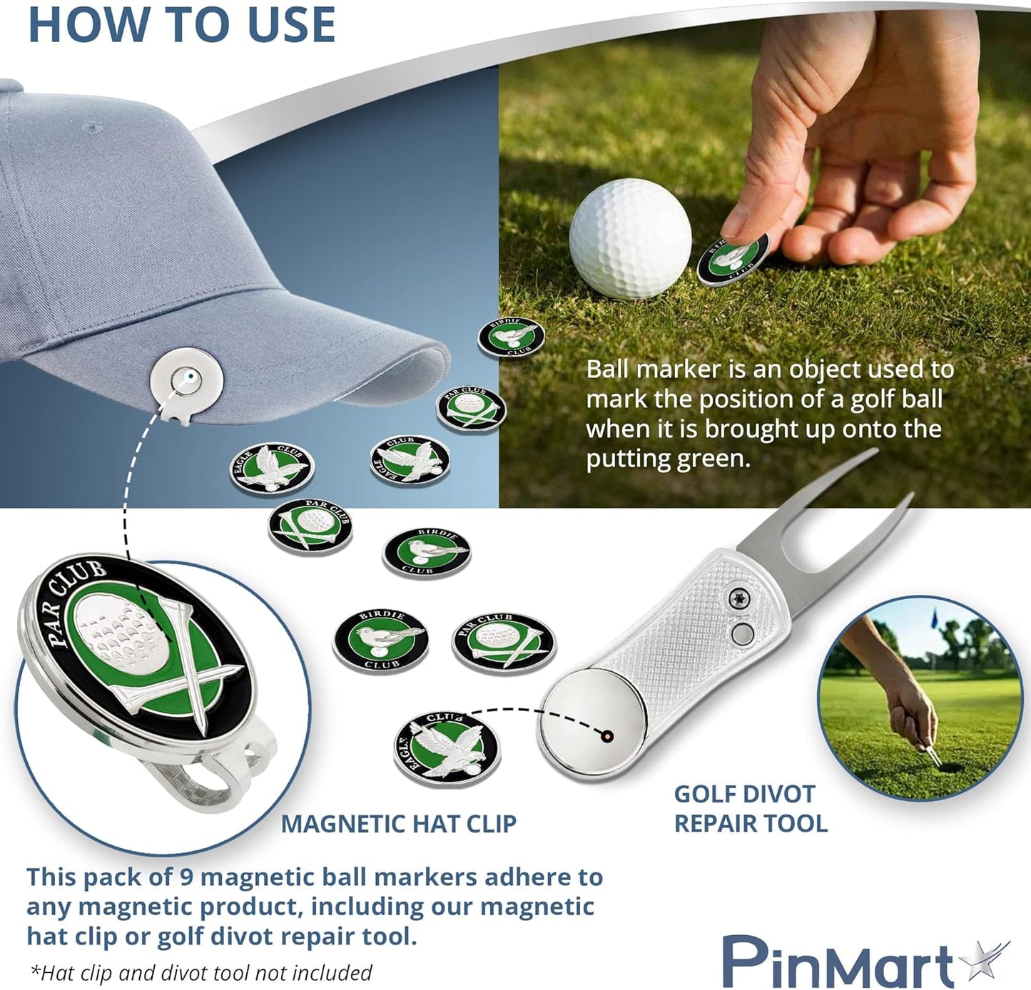 PinMart’s Mix Bundle Pack of 9 Golf Ball Markers - Golf Accessories for Men and Women – United States Eagle and American Flag Magnetic Ball Markers Set of 9