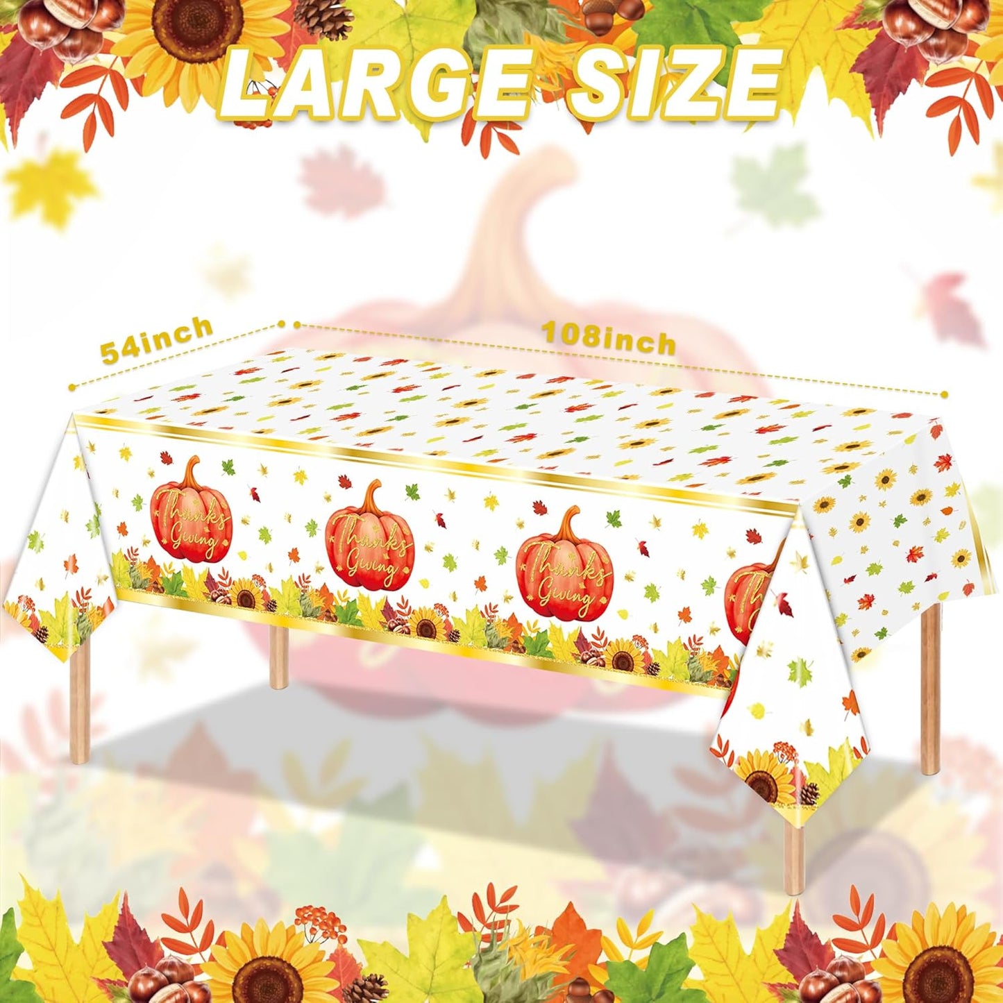 3 Pcs Fall Pumpkin Tablecloths, 54 * 108 Inch Thanksgiving Table Cover, Watercolor Pumpkin Maple Leaf Plastic Tablecloths for Fall Party, Thanksgiving Decorations
