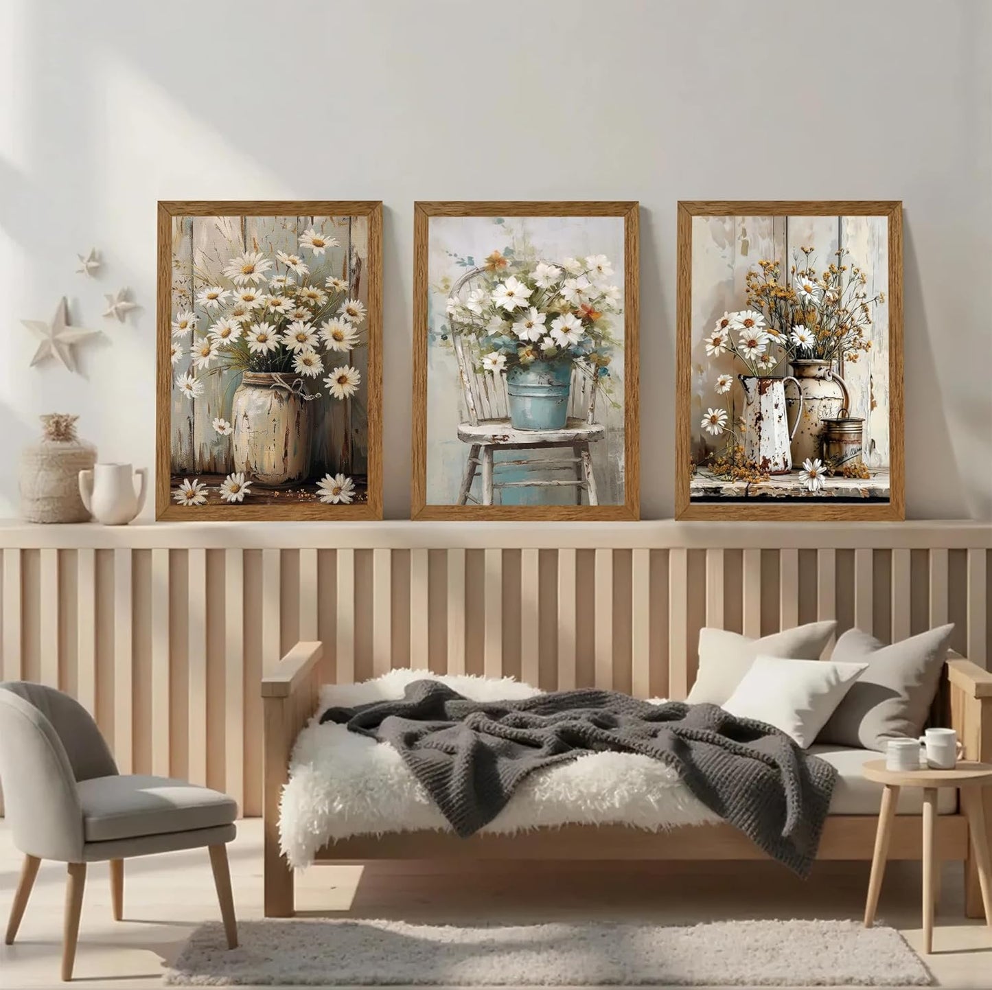 DUWQU 3 Piece Framed Elegant Farmhouse Canvas Wall Art, Vintage Floral Pictures Art Wall Decor, Nature Themed Daisy Art Prints for Living Room Bedroom Kitchen and Office Ready to Hang 16×24 Inches