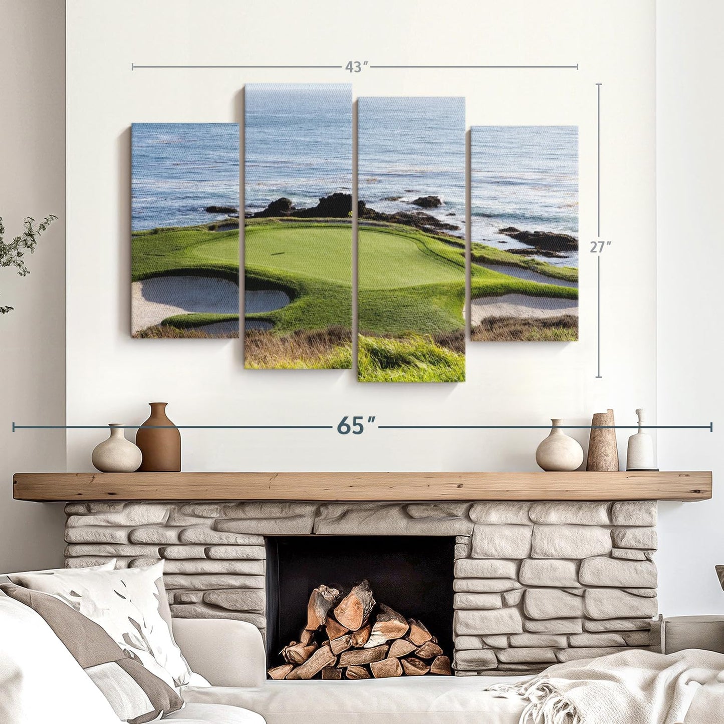 Elephant Stock Pebble Beach Golf Turf Wall Art - Horizontal Canvas - 4-Piece Hallway Wall Decor - Photographic Canvas Print - Brown and Blue Decor for Wall - 43" X 27"