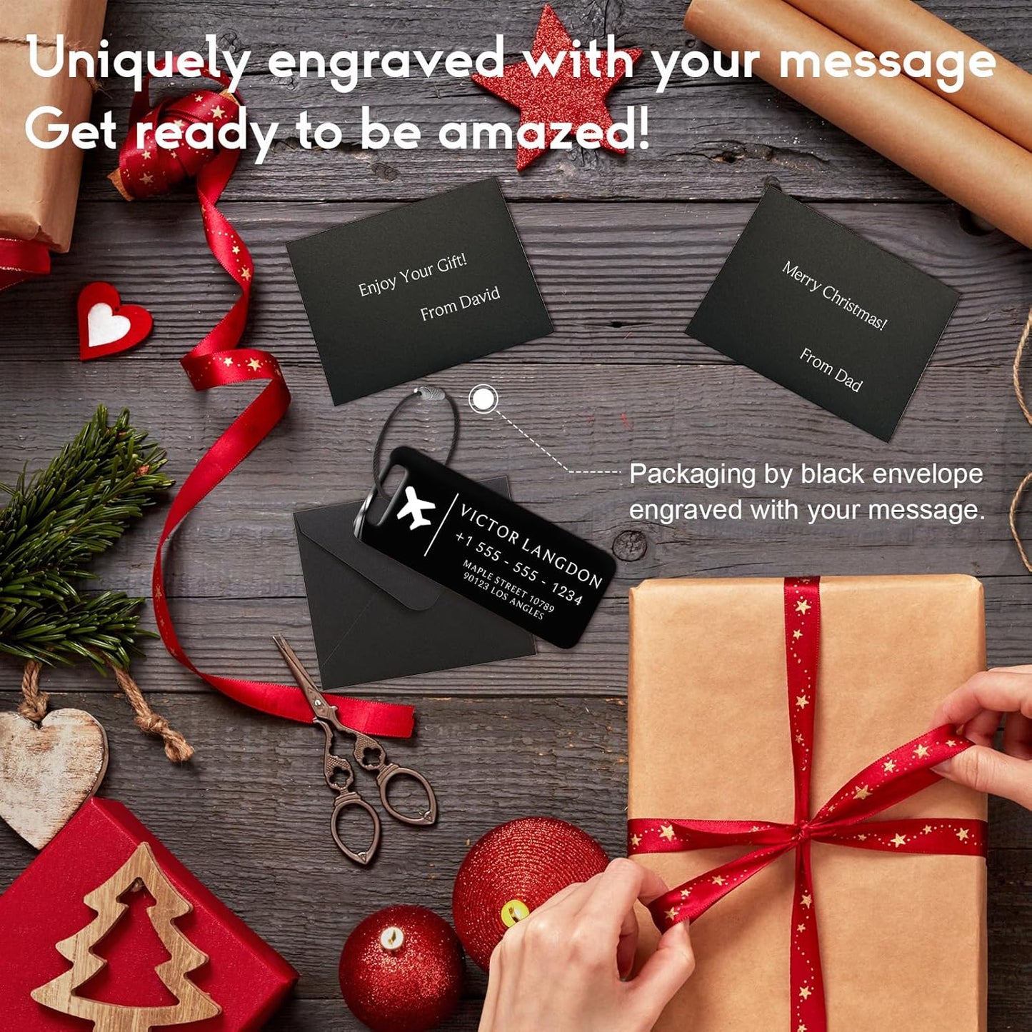 Personalized Luggage Tags for Suitcases - Stainless Steel Custom Luggage Tags for Backpacks & Bags, Sturdy, Waterproof & Heavy Duty (Black / 3" x 1.25")