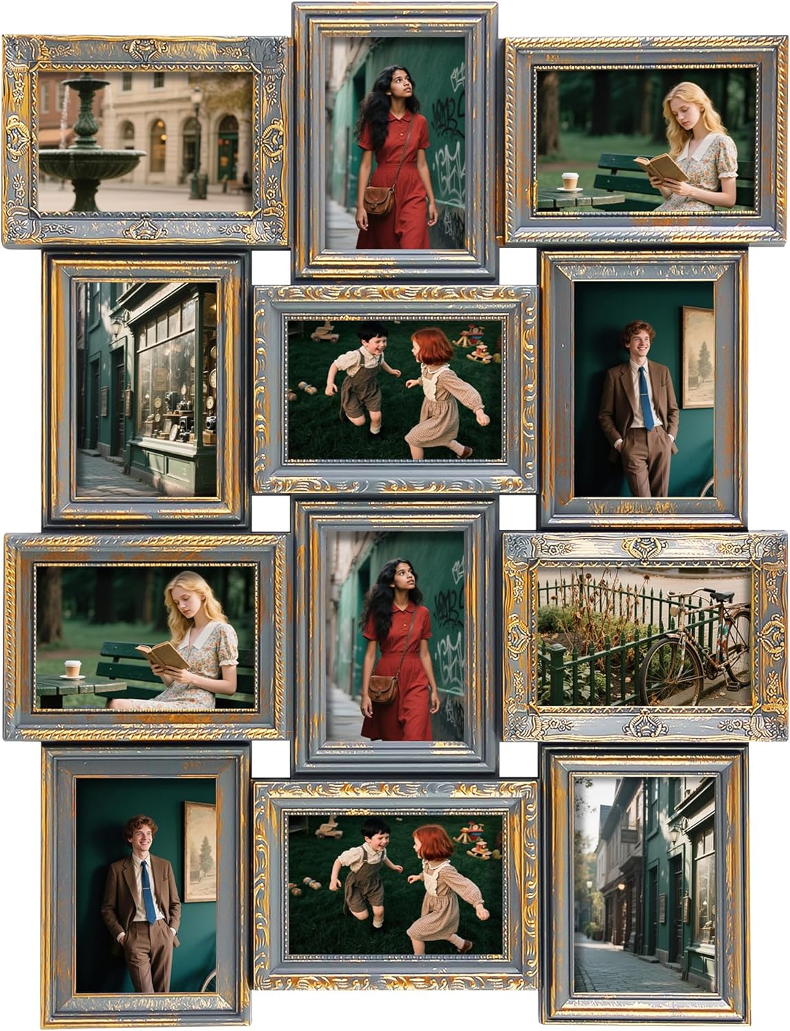 Jerry & Maggie 12 Opening Collage Photo Frame Rustic 23×18 Vintage Embossed Finish PVC Picture Frames Selfie Gallery Collage Wall Hanging For 6×4 Photo, Vintage