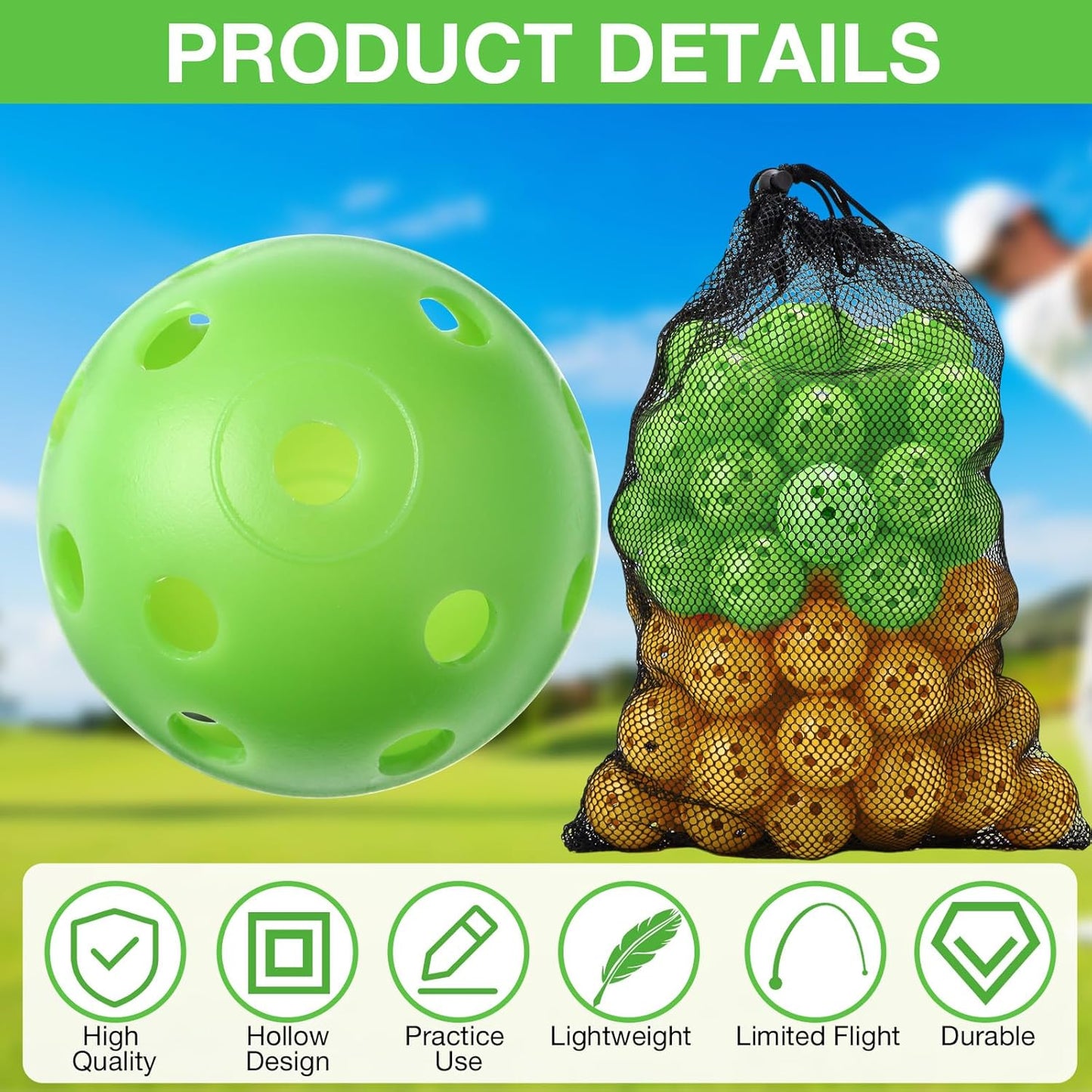 80 Pack Practice Golf Balls Limited Flight 42 mm Golf Training Airflow Hollow Plastic Ball for Women Men Indoor Outdoor Driving Range Swing Practice Home