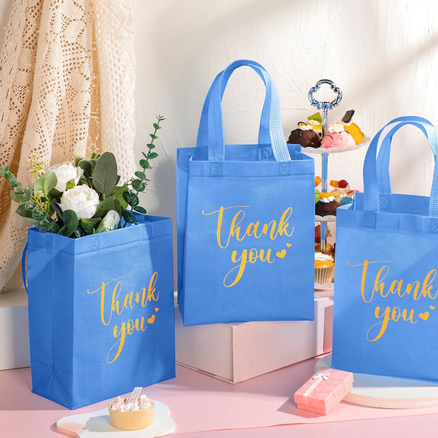 Sweetude 30 Pcs Thank You Gift Bags with Handles Bulk Reusable Goodie Bag Non Woven Foldable Handbag for Graduation Wedding Bridesmaid Gifts(10 x 8 x 4 Inch,Sky Blue)