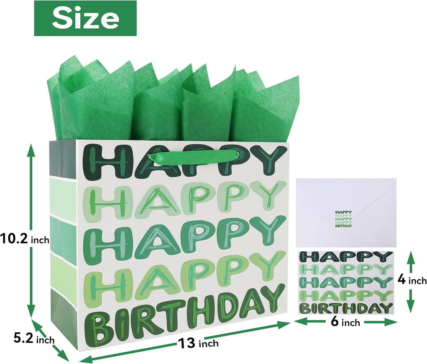 13'' Large Green Happy Birthday Gift Bag Set with Handles, Greeting Card, Tissue Papers and Stickers for Women Girls Men Boys Kids Teens, Words Design, 1 Pcs