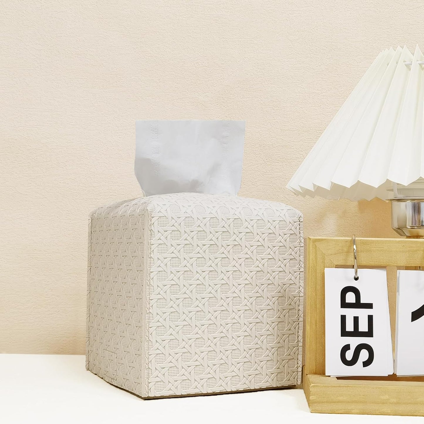 HOMOTEK 2 Pack Tissue Box Cover,PU Leather Tissue Holder,Square Decorative Facial Tissue Cube Paper Organizer Dispenser for Bathroom, Night Stands, Desk, Car 5X5X5'' - Rattan Weave, Ivory