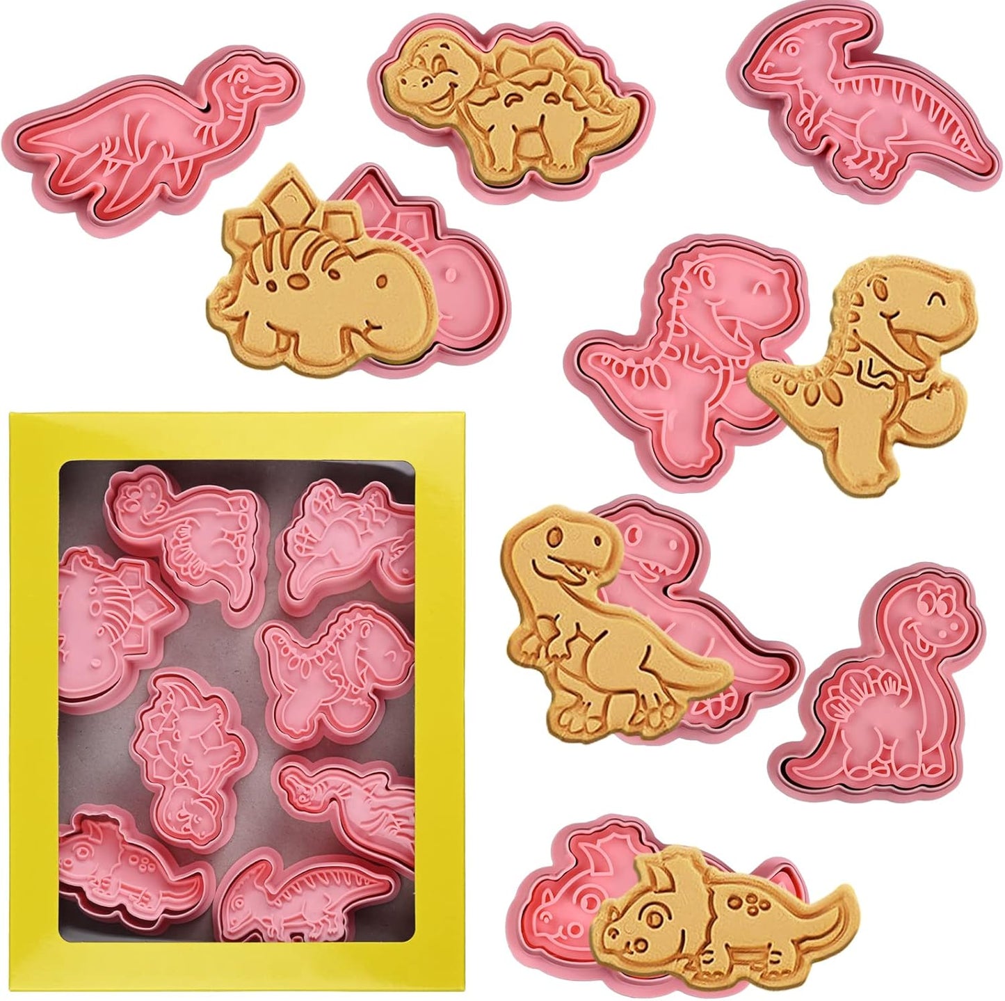 Dinosaur Cookie Cutters With Plunger Stampers Set,8 Piece 3D Dinosaur Embossing Cutters For Biscuit Fondant Cheese Baking