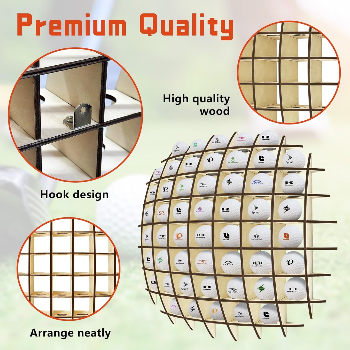 Golf Ball Display up to 52Pcs, Golf Ball Holder Wall Mounted, Golf Ball Rack for Golf Lovers (Oak Color)