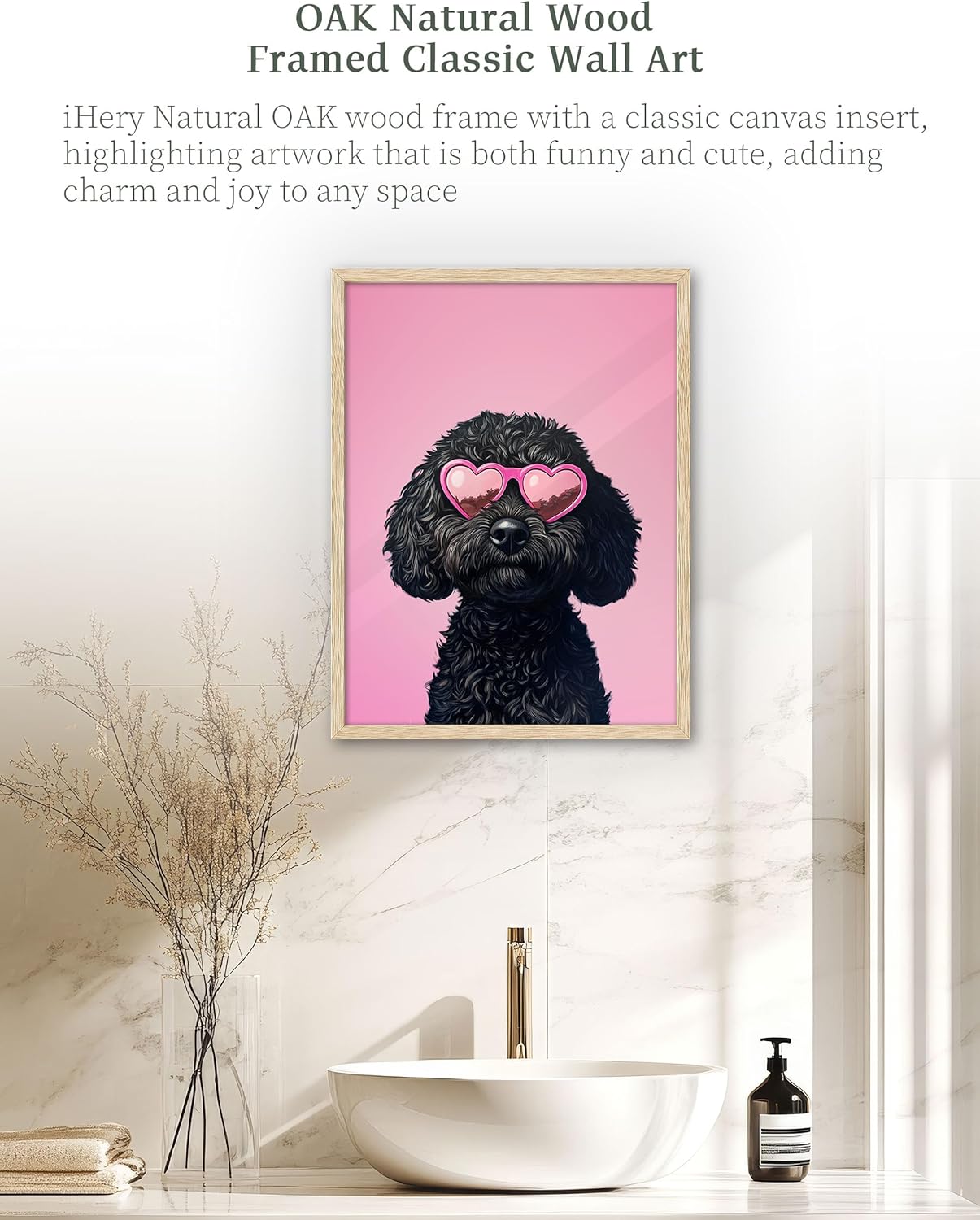 iHery Natural OAK Wood Black Goldendoodle Dog Framed Wall Art, 12x16in Funky Preppy Heart-Shaped Glasses Canvas Wall Art Decor For Bedroom, Cute Dog Prints Apartment Bathroom Living Room Set of 1