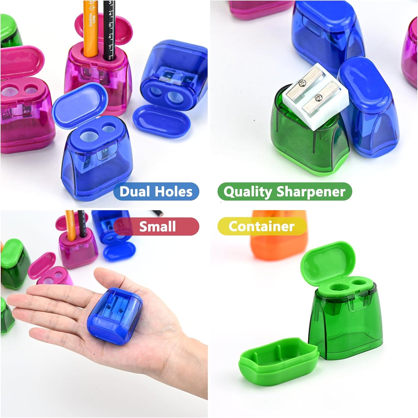 AUSTARK 24Pcs Pencil Sharpener Manual, Assorted Color Small Dual Hole Pencil Sharpeners Bulk with Lid for School Office Home (Geometry-24)