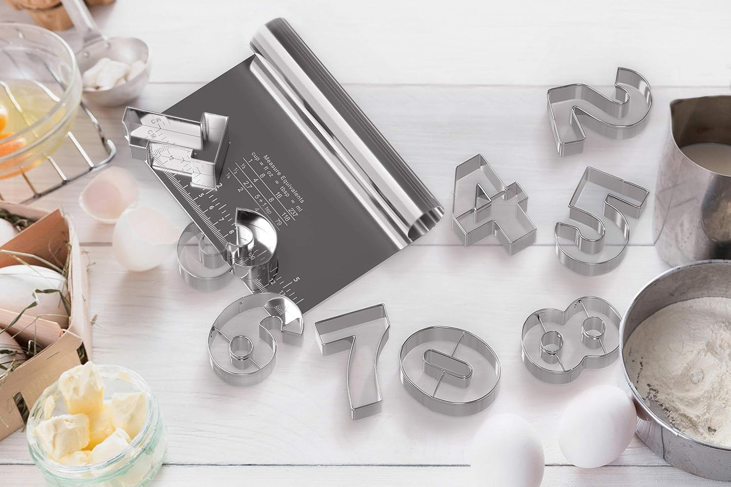 Bakerpan Stainless Steel Number Cookie Cutter Shapes, Set of 9 Large 3.5 Inch Numbers with Bonus Dough Cutter