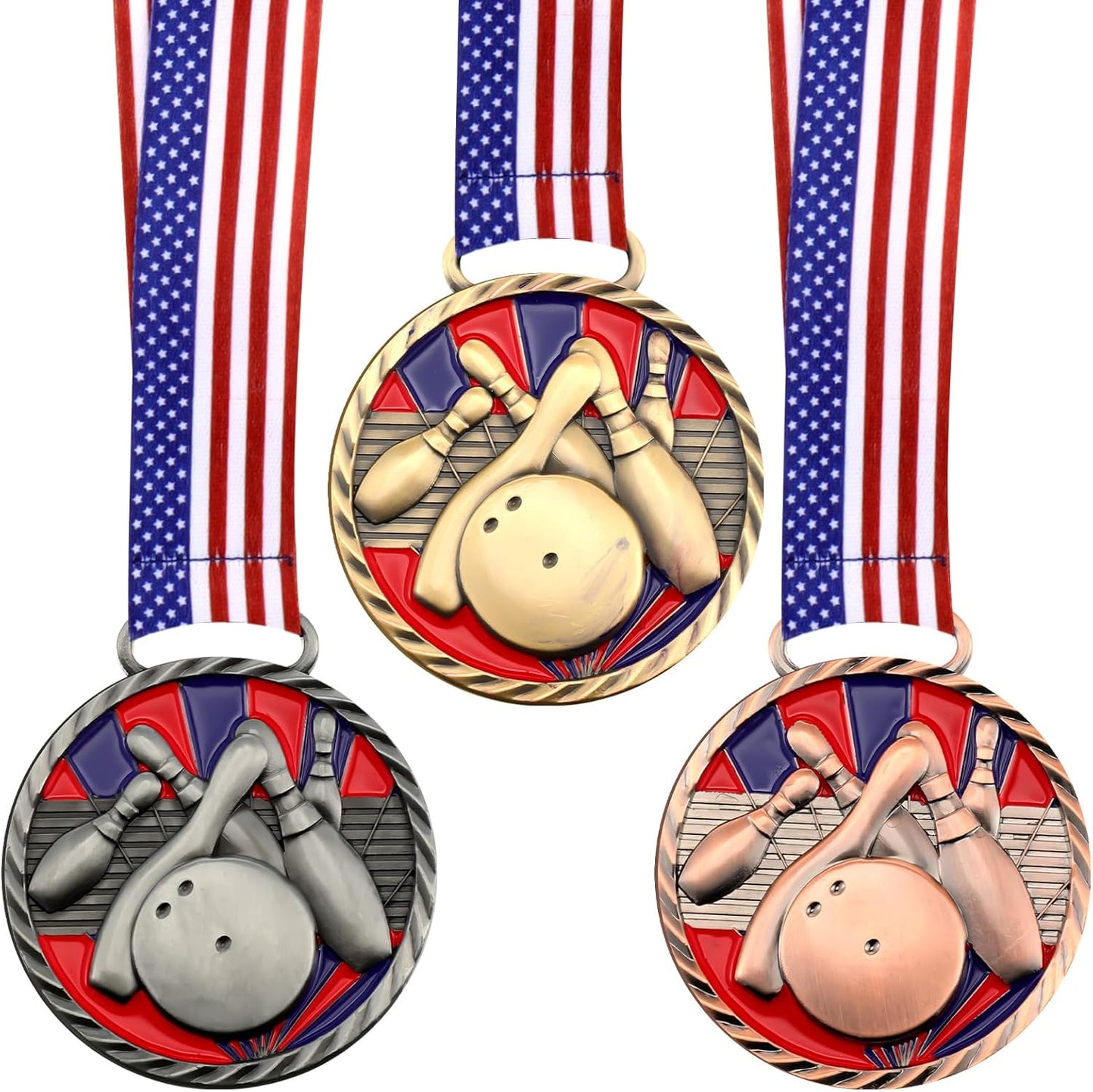 3 Pcs Bowling Medal 2.5 Inch Bowling Trophy Gold Silver Bronze 1st 2nd 3rd Place Award Medals with Stars and Stripes American Flag Ribbon for Competitions, Club Celebration Souvenir Tournament