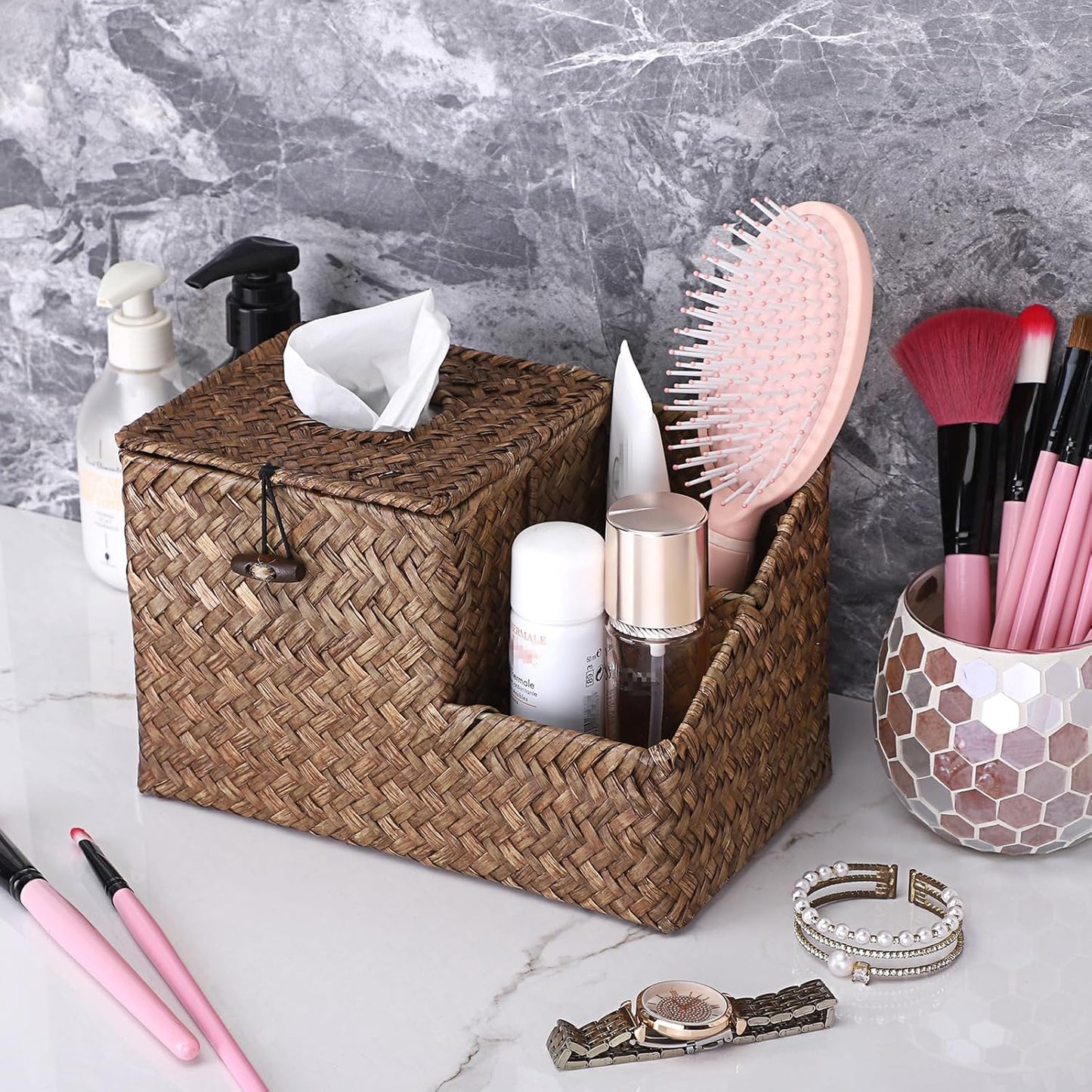 Sumnacon Square Woven Tissue Box Cover - Decorative Cube Tissue Box Holder with Side Organizer, Rustic Seagrass Tissue Box for Living Room Vanity Night Stand Table Countertop Office,Coffee