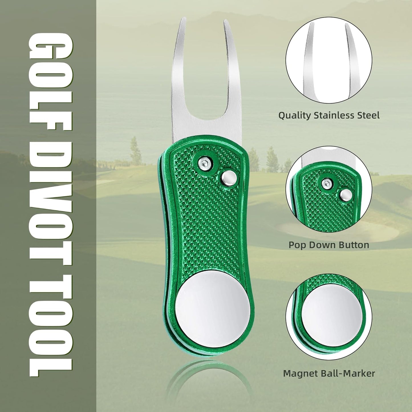 Mile High Life Golf Divot Repair Tool, All Metal Foldable Divot Tool with Pop-up Button & Magnetic Ball Marker