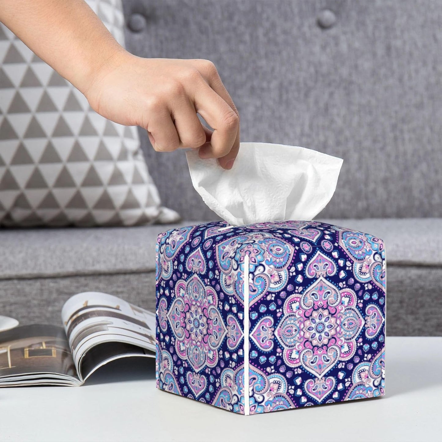 Boho Mandala Flower Tissue Box Cover Square,Indian Paisley Floral Tissue Box Holder Waterproof Leather Facial Paper Organizer Dispenser for Bathroom Home Car Nightstand Vanity Desk