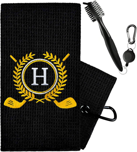 Personalized Golf Towels for Golf Bags - Microfiber Monogrammed Golf Towels for Men/Women, Retractable Brush Tool Kit with Club Groove Cleaner, Custom Golf Accessories for Golfers (Initial H)