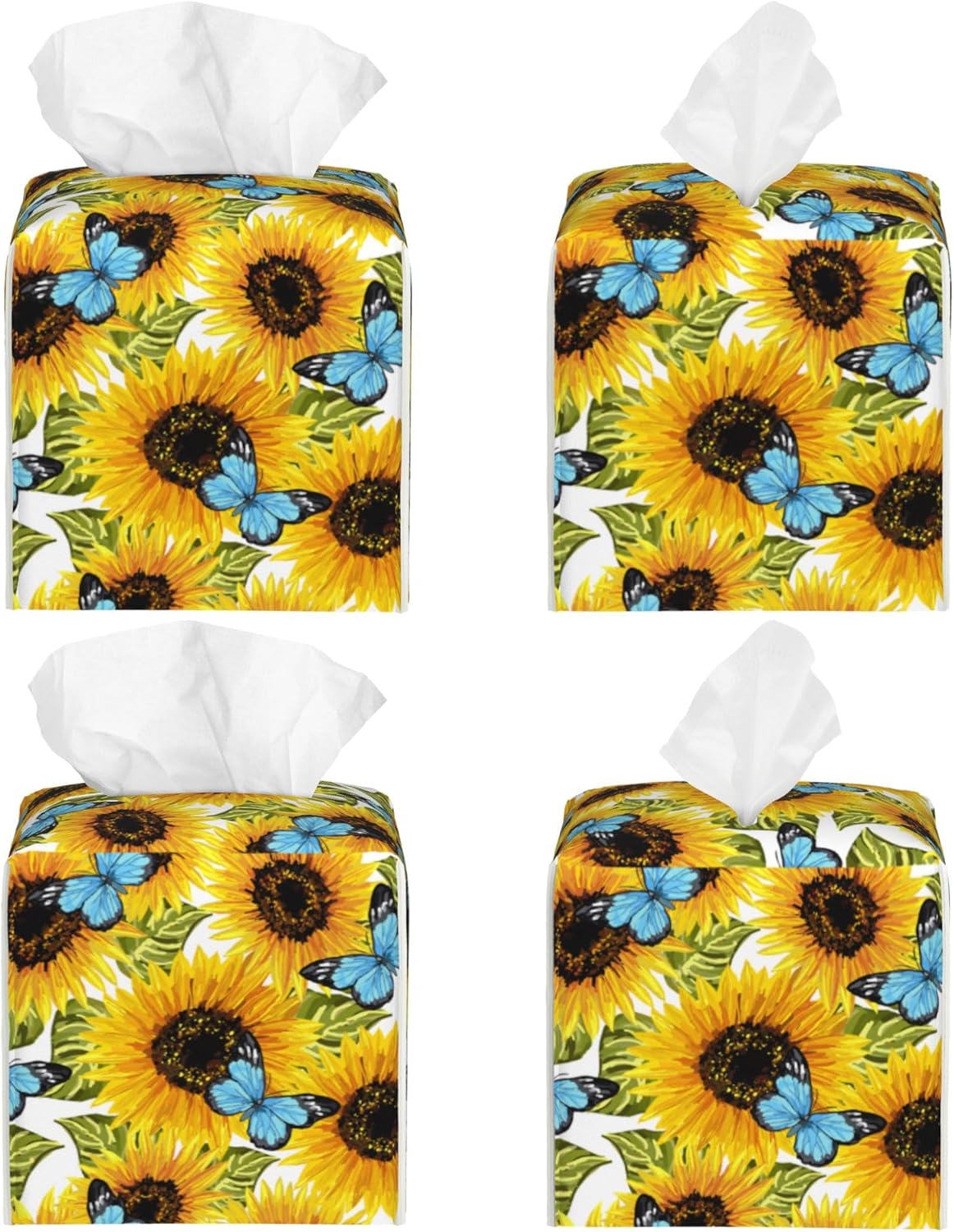 Sunflowers and Blue Butterflies Tissue Box Cover Square,Watercolor Sunflower Tissue Box Holder Waterproof Leather Facial Paper Organizer Dispenser for Bathroom Home Car Nightstand Vanity Desk