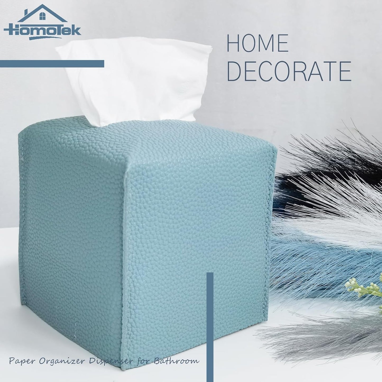 HOMOTEK 2 Pack Tissue Box Cover, Square PU Leather Tissue Holder, Decorative Facial Tissue Cube Paper Organizer Dispenser for Bathroom, Night Stands, Desk, Car 5X5X5'' - Aqua Blue, Pebble Grain