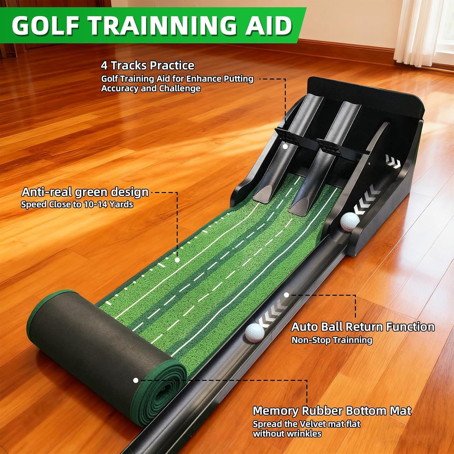 KOFULL Putting Green Mat, 4 Balance Boards Putting Mat, Greater Challenge and Fun, Golf Green Mat with Automatic Ball Return, Indoor & Outdoor Practice, Golf Gifts for Men