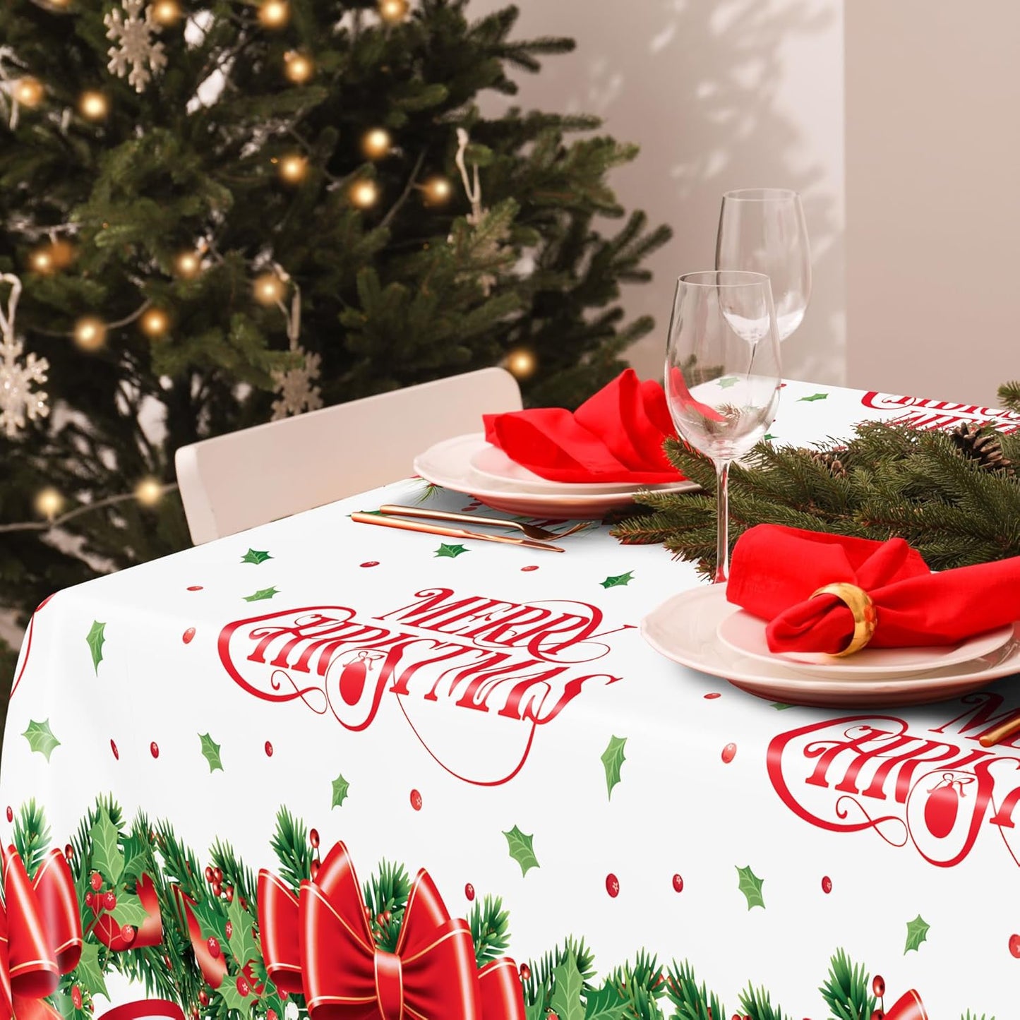 QZYL 4 Pack Christmas Table Cloths, 54" x 108" Xmas Decorations, Poinsettia Bow Design Christmas Plastic Tablecloth Holiday Disposable Tablecover, Holiday Party Decor Xmas Table Decor