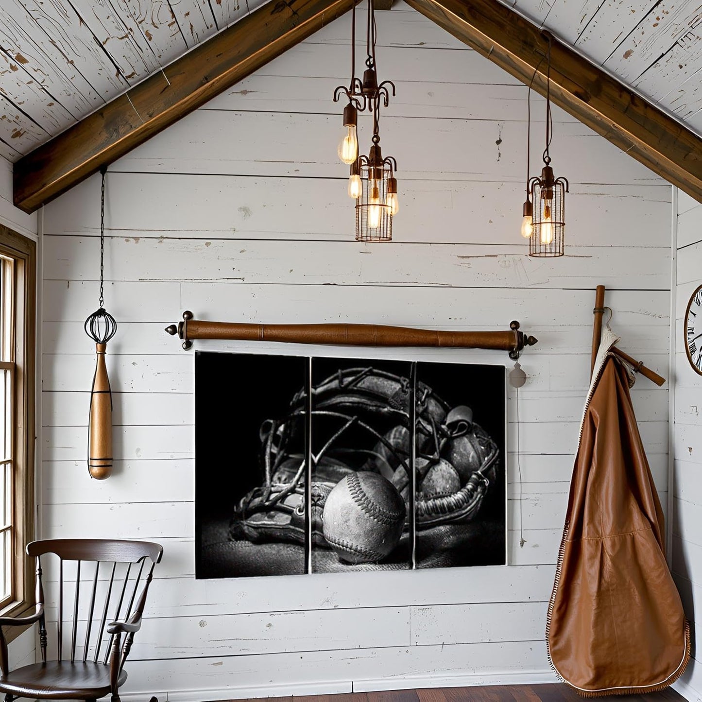 LevvArts Black and White Baseball Wall Art Sports Themed Poster Wall Decor Mens Bedroom Boys Room Decorations Vintage Ball Glove Pictures Print Home Gym Decoration 16"x32"x3PCS