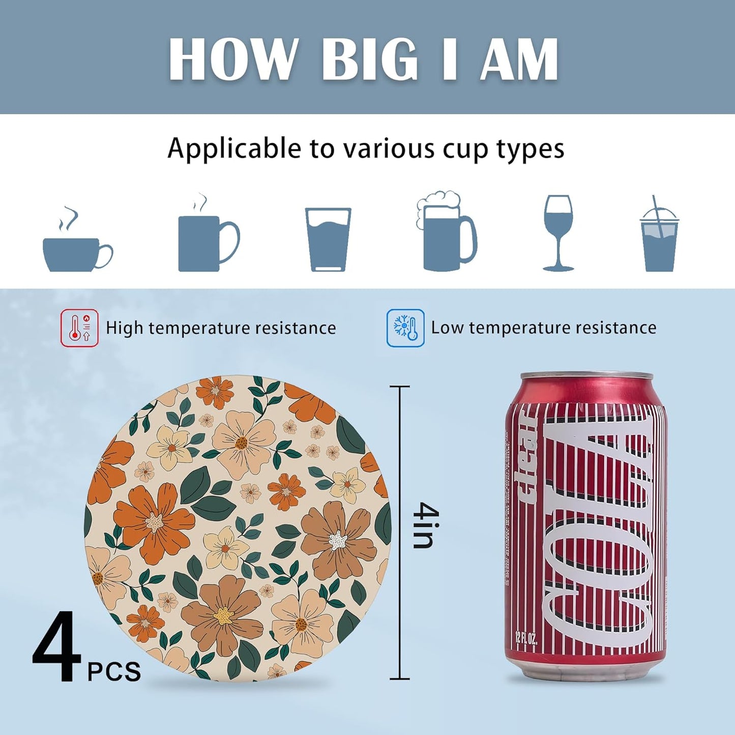 Coasters for Drinks,Set of 4 Absorbent Coasters,70s Retro Floral Flowers Ceramic Coasters with Cork Base,Cup Coaster for Coffee Table Protection,Gifts for Housewarming Birthday