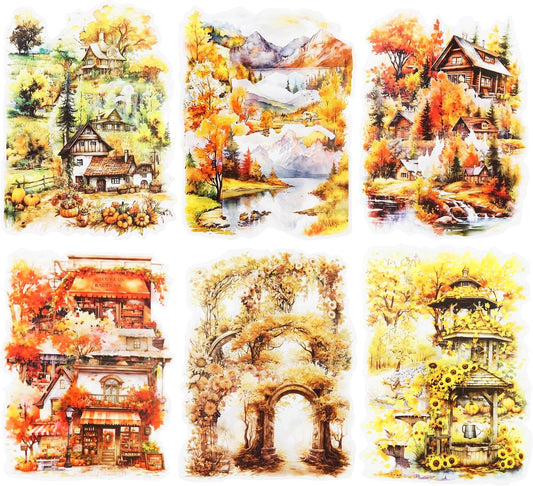 Autumn Themed PET Stickers Set, 60PCS Large Landscape Stickers for Scrapbooking, Journaling, DIY Crafts, and Art Projects