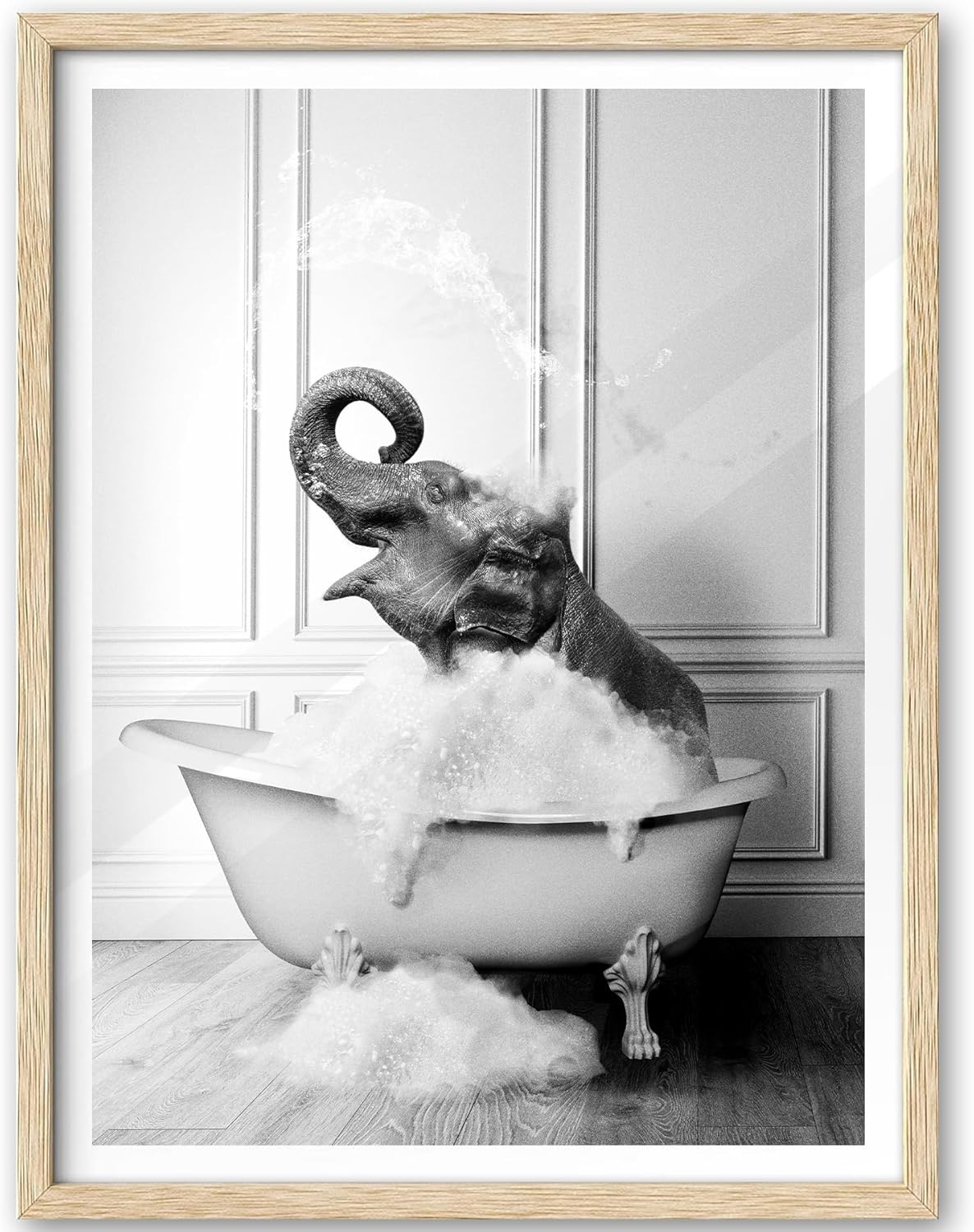 iHery Natural OAK Wood Framed Wall Art, 12x16 in Funny Bathroom Wall Art Decor, Elephant Bathing Animals Canvas Prints, Black and White Wall Decor Pictures For Bedroom Living Room Set of 1