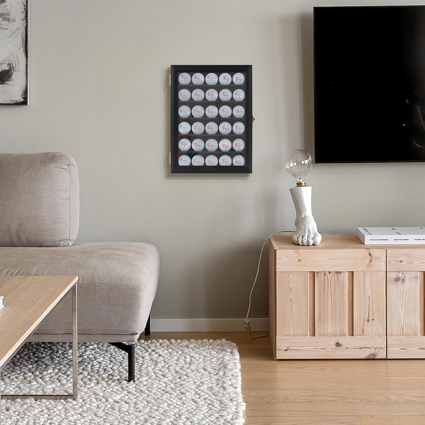 Golf Ball Display Case for 30 Golf Balls, Display Cabinet Great Golfer Memorabilia Gift for Golf Enthusiasts, for Hole-in-1 Display, Wall Mount with Lockable Door Black