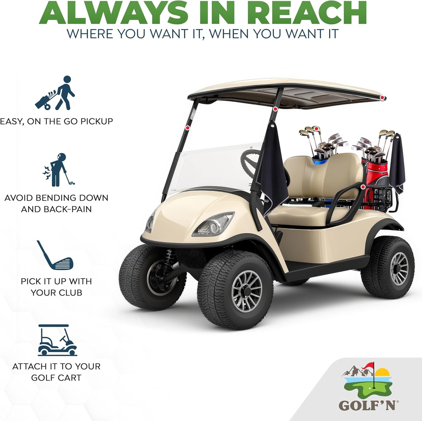 Golf'N Microfiber Towel - Magnetic Golf Towel Dark Gray 18" x 18" Golf Towels for Golf Bags with N52 Heavy Duty Magnets, Carabiner Clip & Cross Stitched Reinforced Loop, Premium Golf Accessories