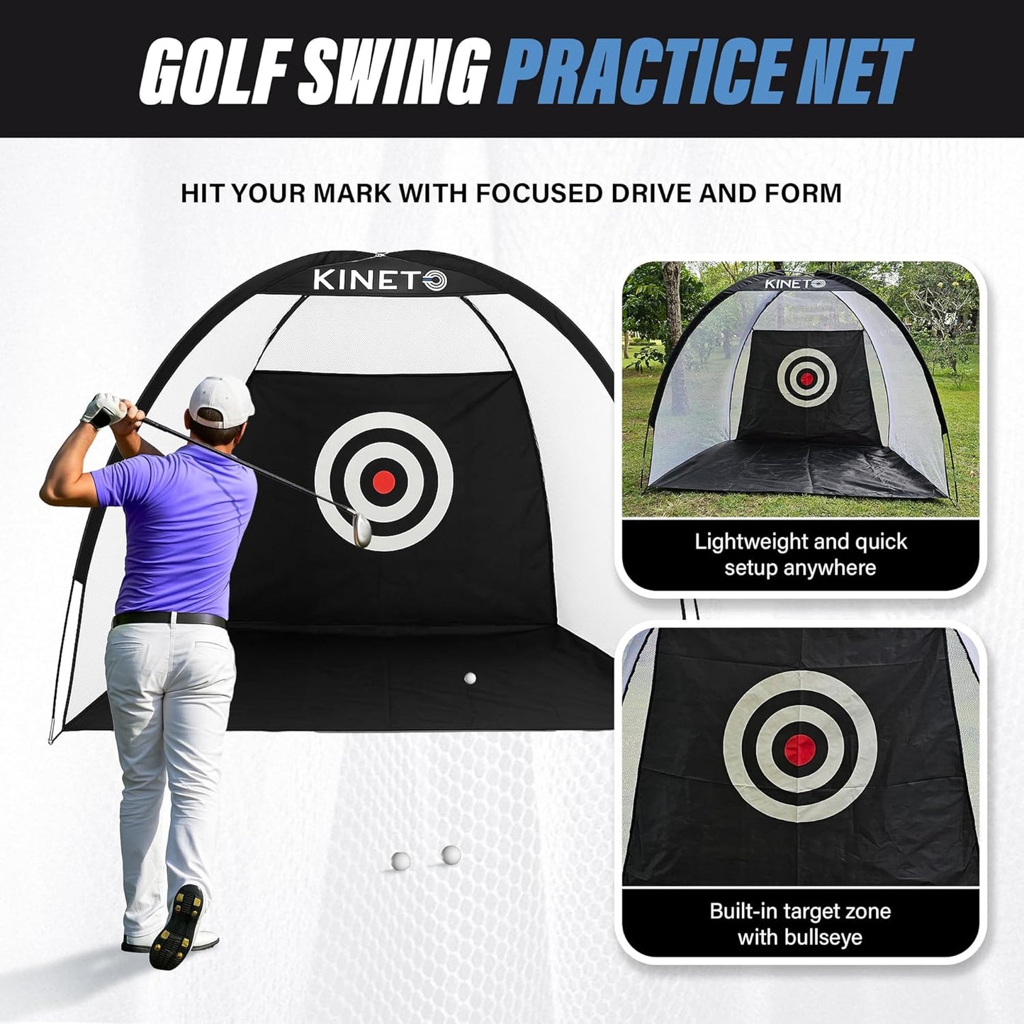 Kineto Training Set – Golf Swing Net, 8-Zone Chipping Target, Baseball Pitch Trainer – Durable, Portable, Tool-Free net for Backyard or Indoor use
