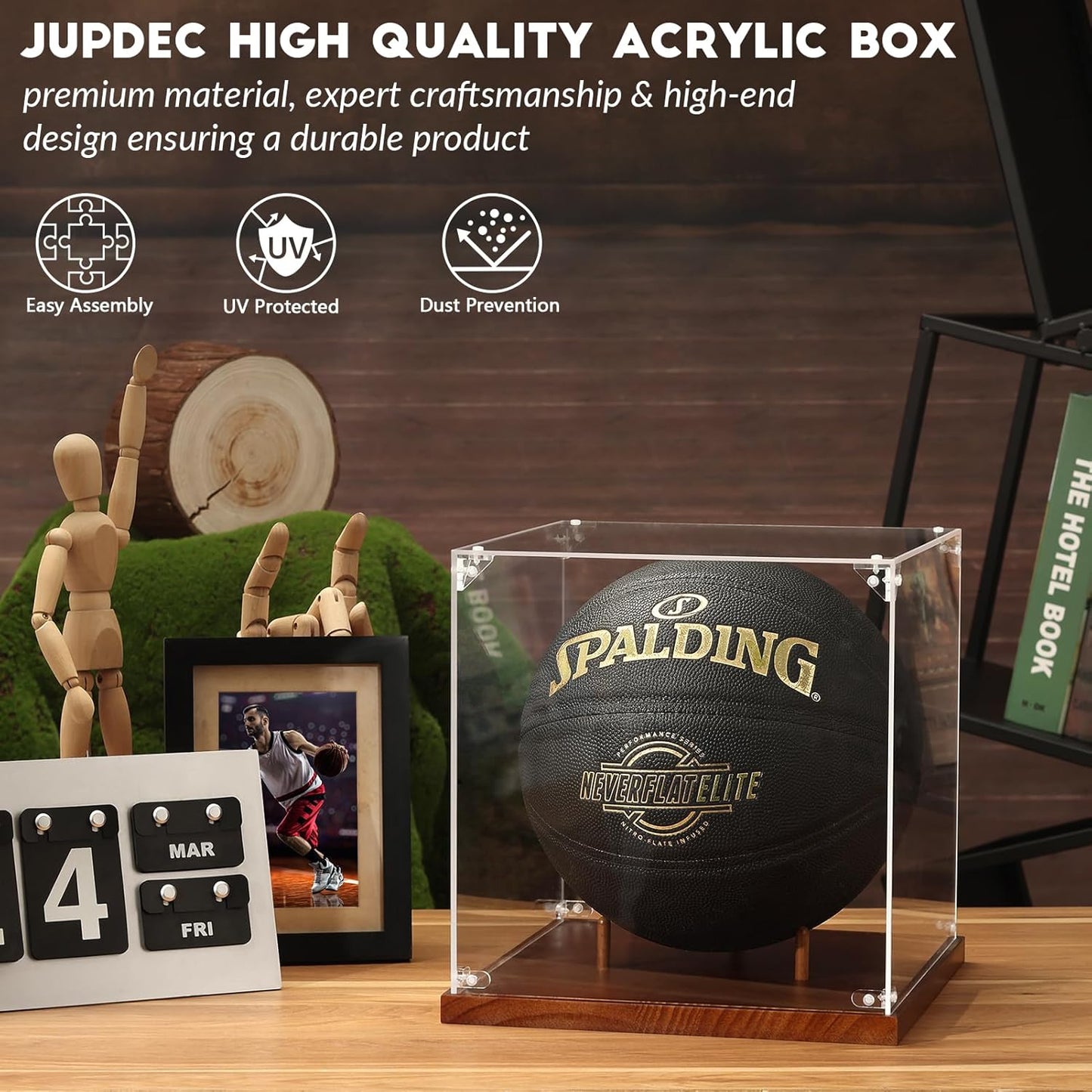 JupDec Basketball Display Case Acrylic Clear 10" Full Size with Solid Wood Base, UV Protected Soccer Display Stand Box for Autographed Standard NBA WNBA Ball Memorabilia Keepsake Ideal Gift Athlete