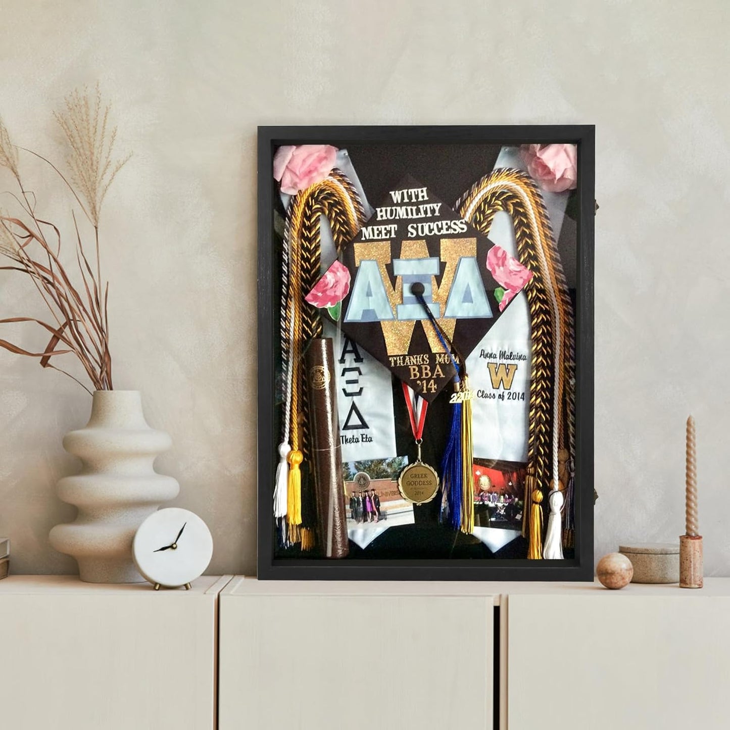 GraduatePro Graduation Shadow Box Frame 18x24 Display Case with Linen Back, Plexiglass Window Door with Hinge, Picture Frame Wedding Bouquet Memorabilia Medals Photos Memory Box for Keepsakes Black