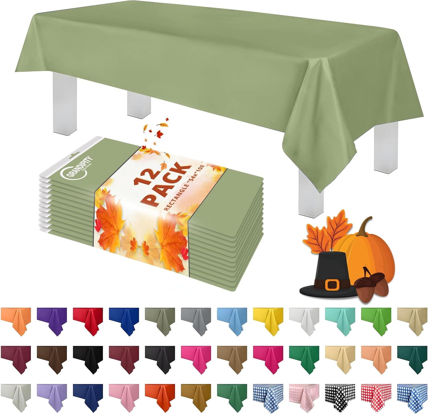Grandipity 12 Pack Premium Disposable Plastic Tablecloth 54 Inch. x 108 Inch. Rectangle Table Cover - Sage Green