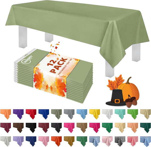 Grandipity 12 Pack Premium Disposable Plastic Tablecloth 54 Inch. x 108 Inch. Rectangle Table Cover - Sage Green