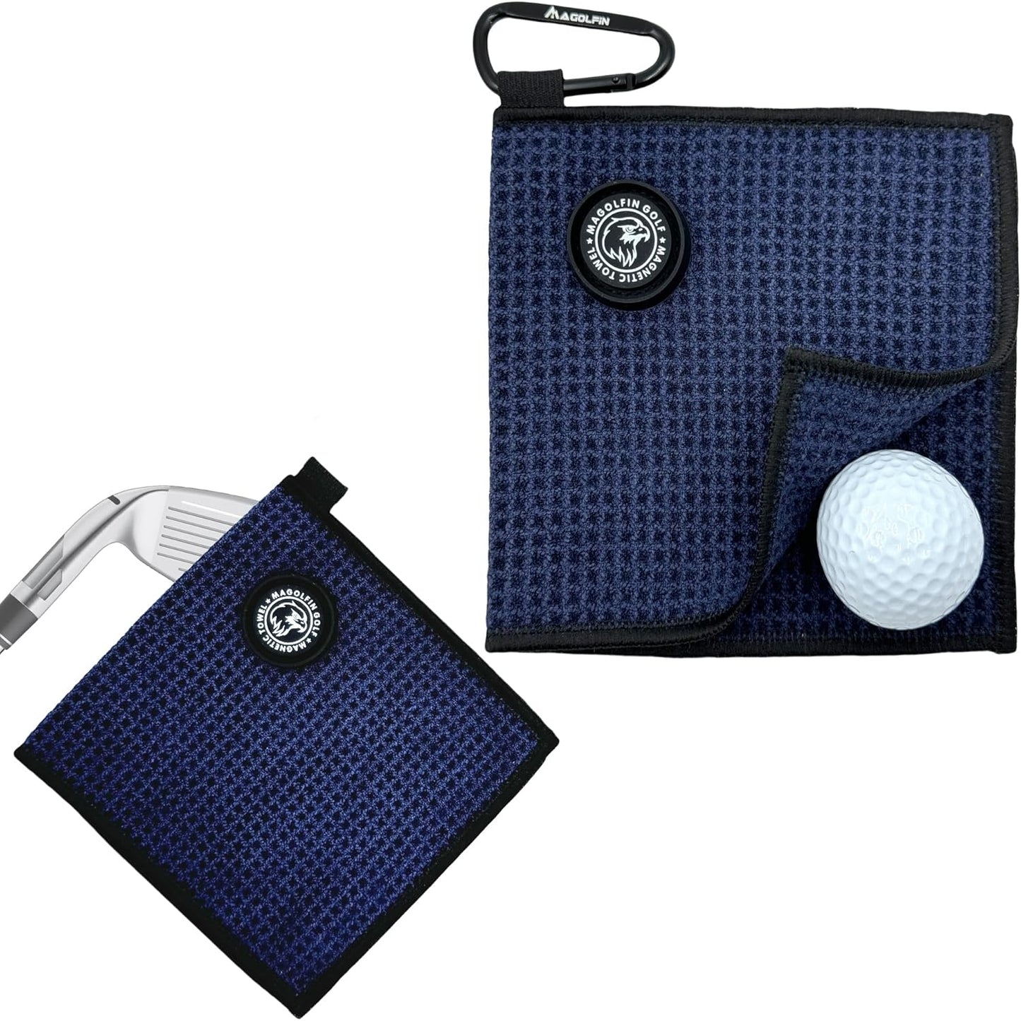 Small Magnetic Golf Towel with Clip, Microfiber Waffle Design - Industrial Strength Magnet for Glof Balls, Golf Bags, Carts Clubs - Navy Blue