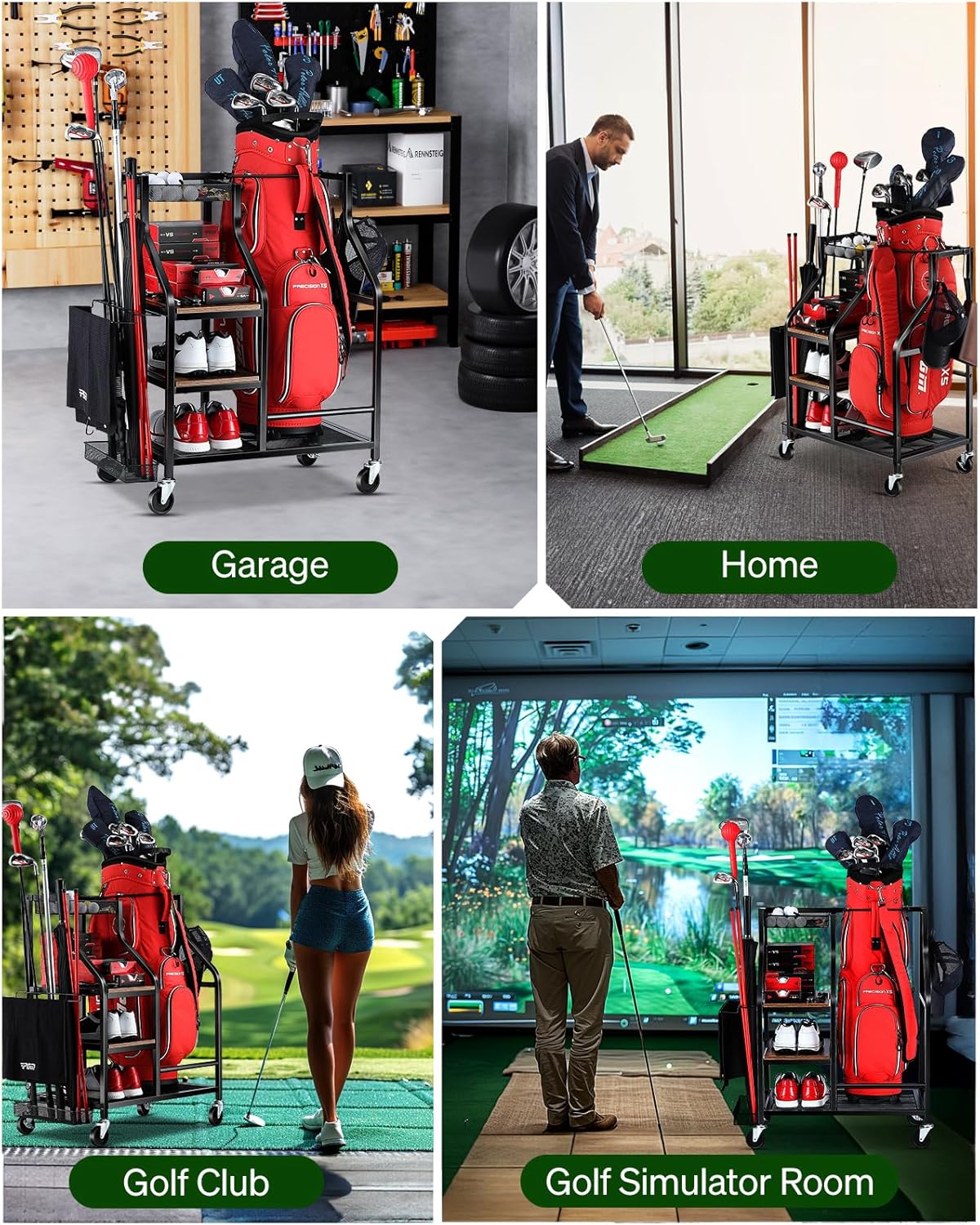 Golf Bags Storage Garage Organizer- Golf Bag Stand for Golf Bags, Clubs, Balls, Golf Equipment Accessories, Golf Bag Storage Rack with Wheels for Garage, Club, Basement