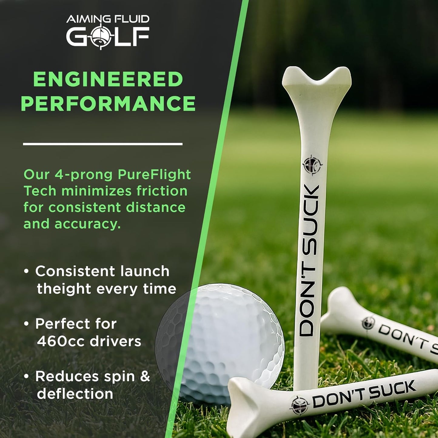Don't Suck Golf Tees 2 ¾” – 50 Pack Durable Plastic 4-Prong Funny Golf Tees with PureFlight Tech – Low Resistance for Straighter, Longer Drives