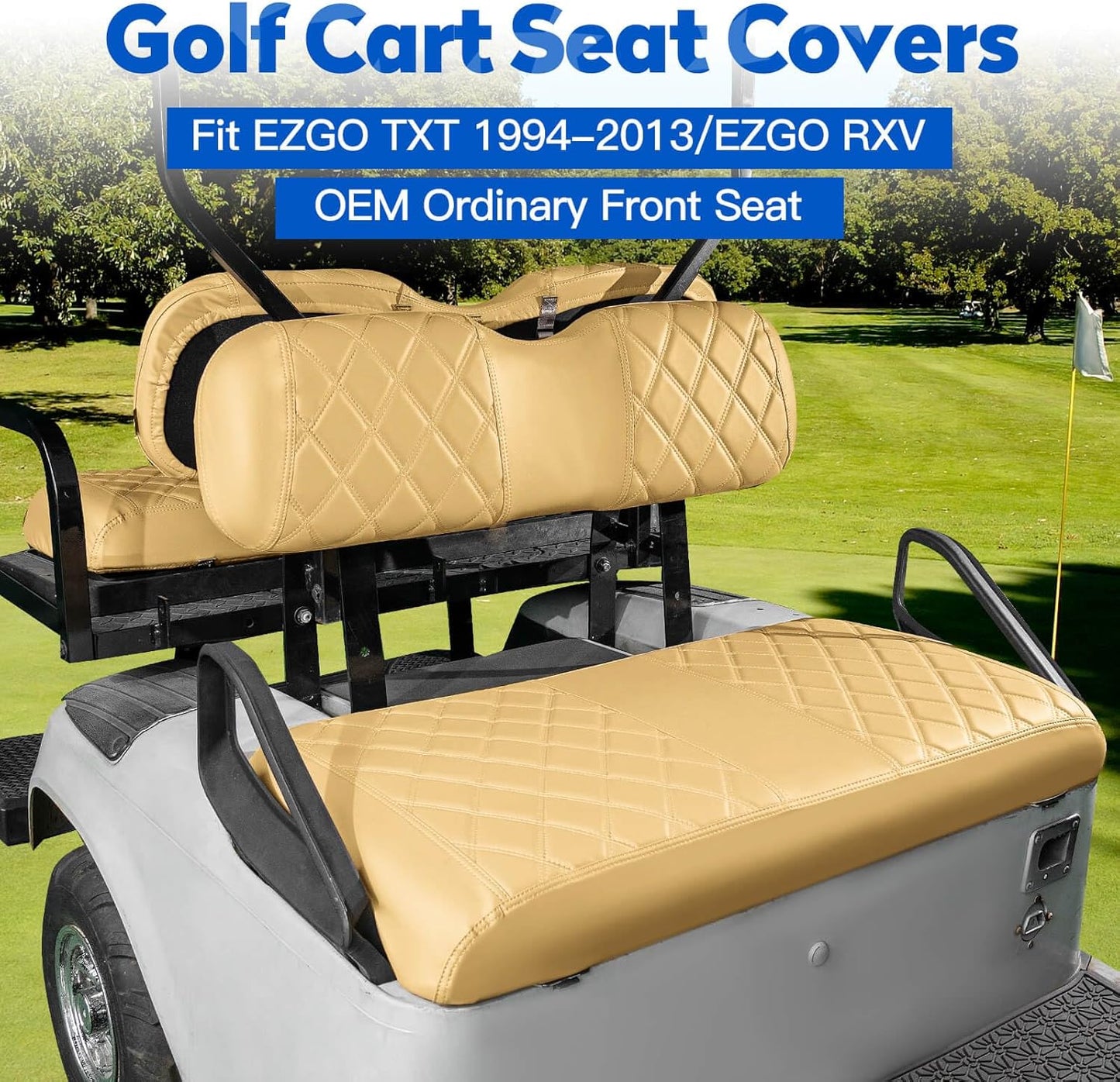 NOKINS 4PCS Golf Cart Diamond Seat Covers Kit, Front&Rear Seat Covers Fits EZGO TXT 1994-2013/EZGO RXV Standard Seat Cushion, EZGO Vinyl Seat Cover Accessories, No Staples (Tan)