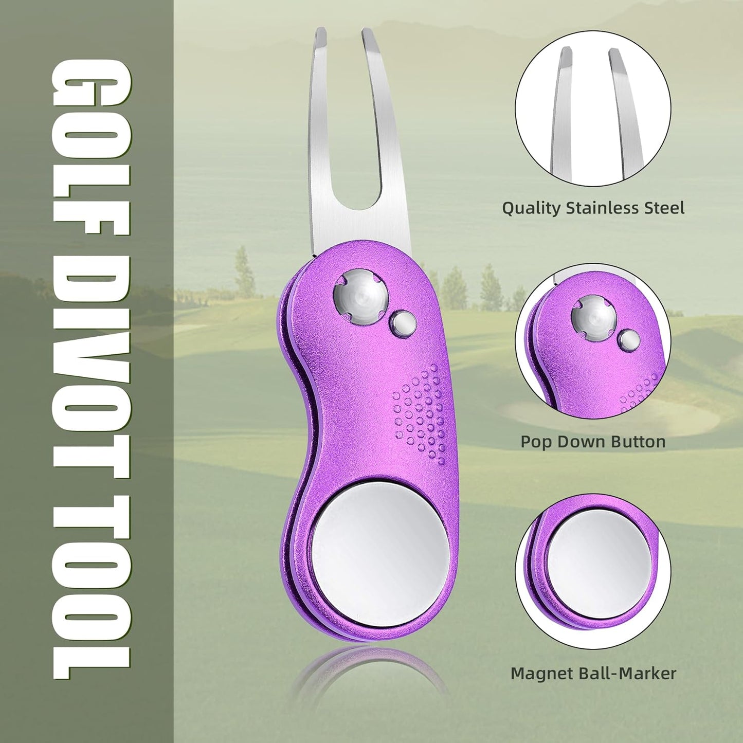 Mile High Life Golf Divot Repair Tool, All Metal Foldable Divot Tool with Pop-up Button & Magnetic Ball Marker