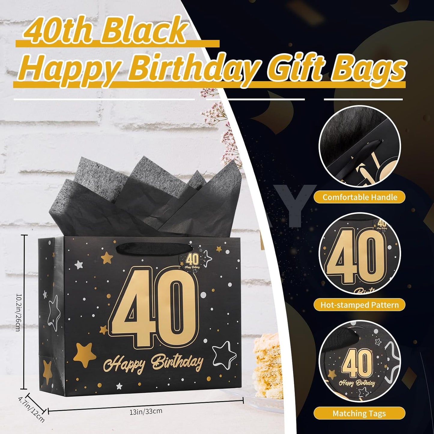 Powbrace 13" Black Happy Birthday Gift Bag with Tissue Paper and Greeting Card for Party,Happy Birthday Gift Bag for Men Women,Gift Bags Medium size(1 Black 40th)