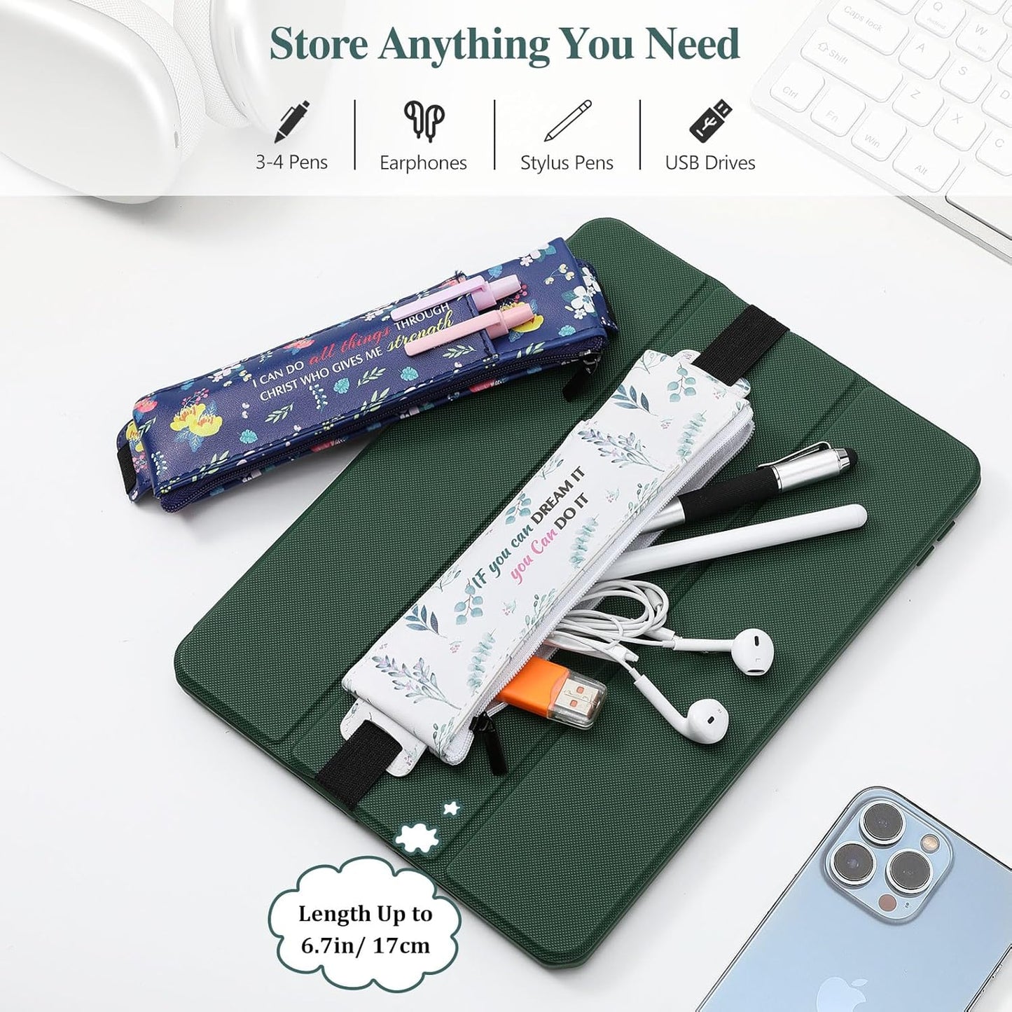 MoKo Elastic Pen Holder for Notebook, 4 Pieces PU Leather Pencil Case with Pocket Adjustable Band, Stationery School Supplies Zipper Bag for Planners, Journals, Book