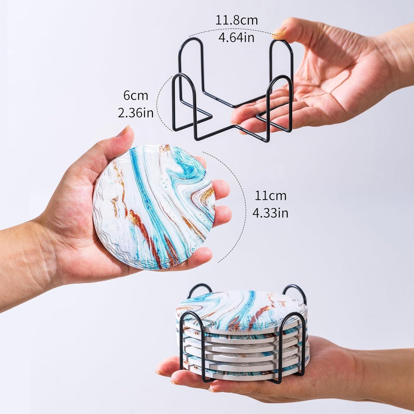 Marble Coasters with Holder Set of 6, Blue Marble Abstract Ceramic Coasters for Drinks, Housewarming Birthday Gifts,